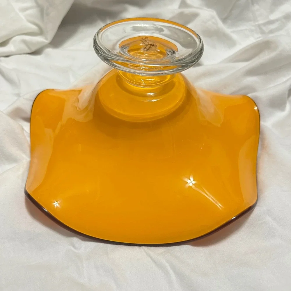 Teleflora Gift Art Glass Bowl Orange Ruffled Handkerchief Pedestal EXCELLENT 10i